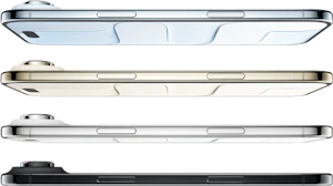 Sideprofiler af fire iphone iri forskellige farver: lyseblå, guld, sølv og sort, der viser deres tynde design og kameramoduler.