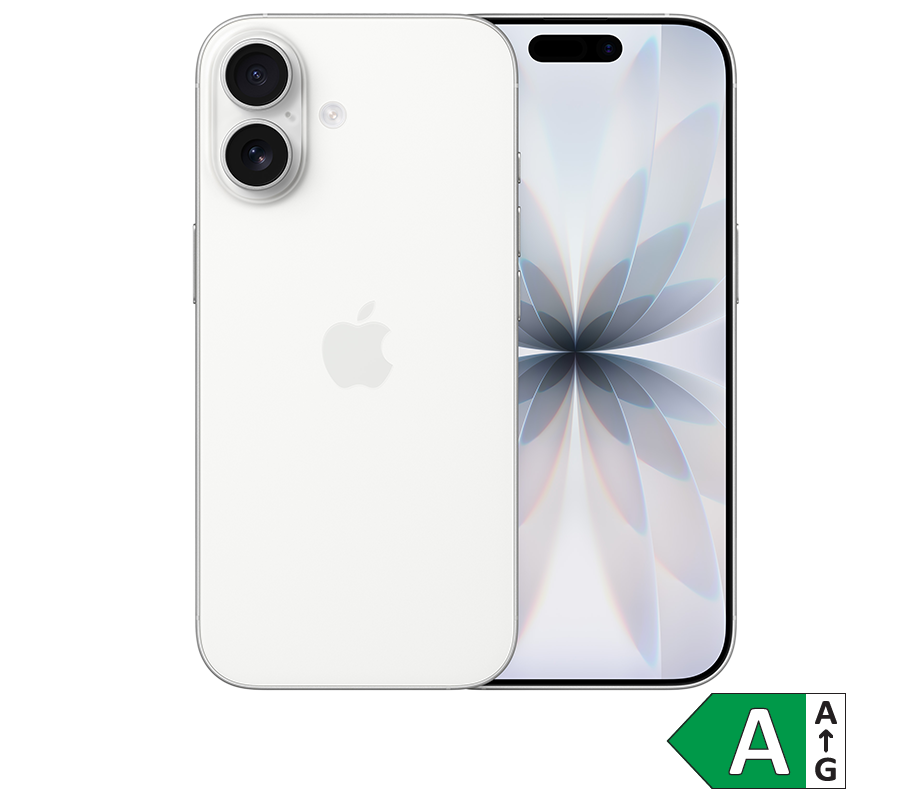 Hvid iPhone 17 set forfra og bagfra med dobbelt kamera og blomstret baggrundsbillede. Energimærke A.