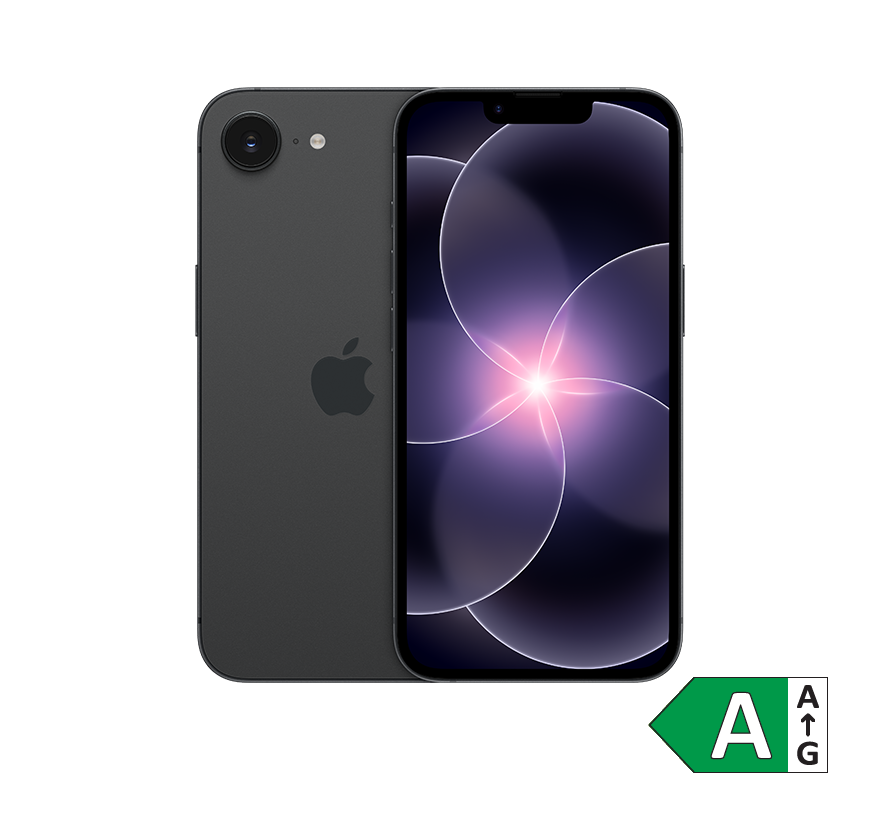 Sort iPhone 17e i grafitgrå farve med lilla abstrakt baggrundsbillede på skærmen og et grønt energimærke A i hjørnet.