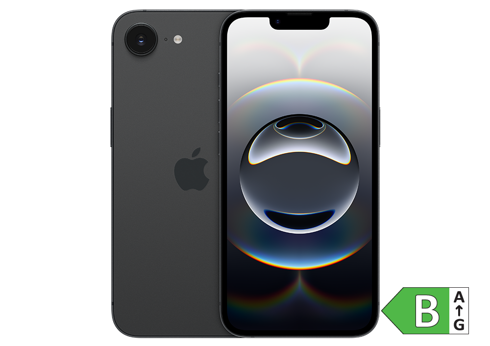 Sort iPhone i grafitgrå med abstrakt skærmbillede og energimærke B vist fra for- og bagside.