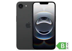 Sort iPhone i grafitgrå med abstrakt skærmbillede og energimærke B vist fra for- og bagside.