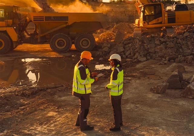 To bygningsarbejdere i gule sikkerhedsveste diskuterer på byggeplads med gravemaskine og lastbil i solnedgangslys.