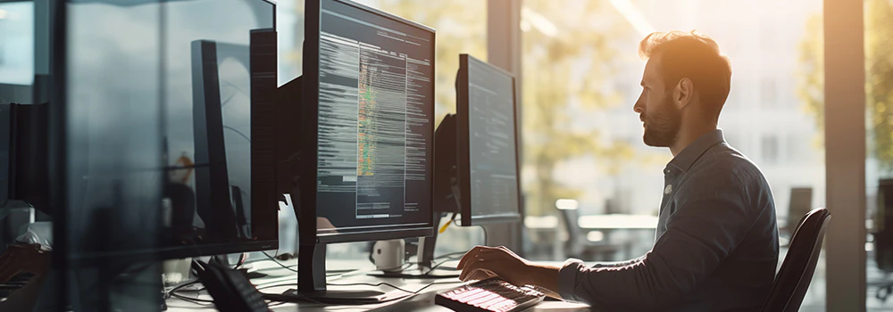 Mand sidder foran flere computerskærme og kigger koncentreret