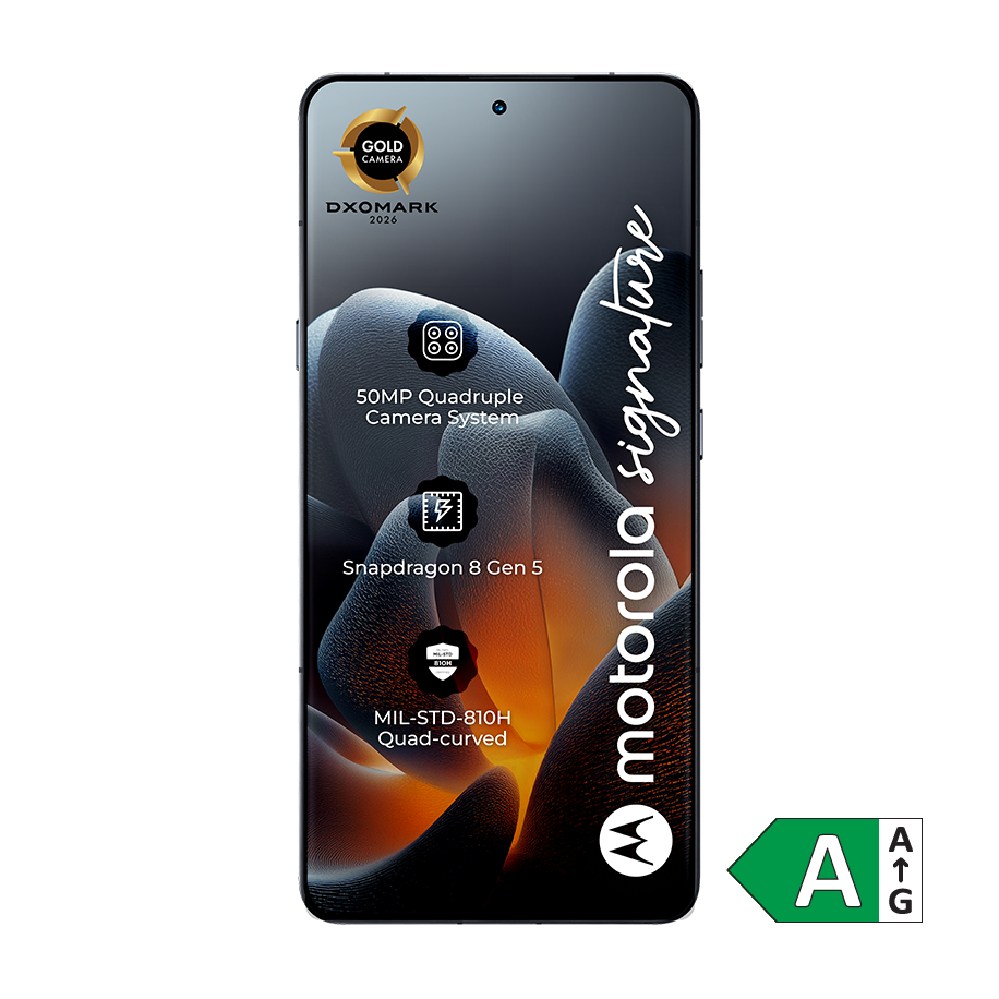 Motorola Signature smartphone forfra med mørkt display, der viser kameraspecifikationer og energimærke A.