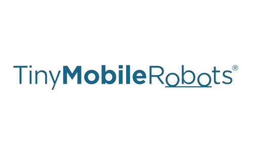 Logo for TinyMobileRobots med firmanavn i blå gradient tekst på hvid baggrund.