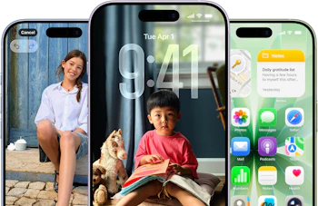 Tre iPhone-skærme viser forskellige funktioner: et fotogalleri, en urskærm med klokkeslæt og en hjemmeskærm med apps.