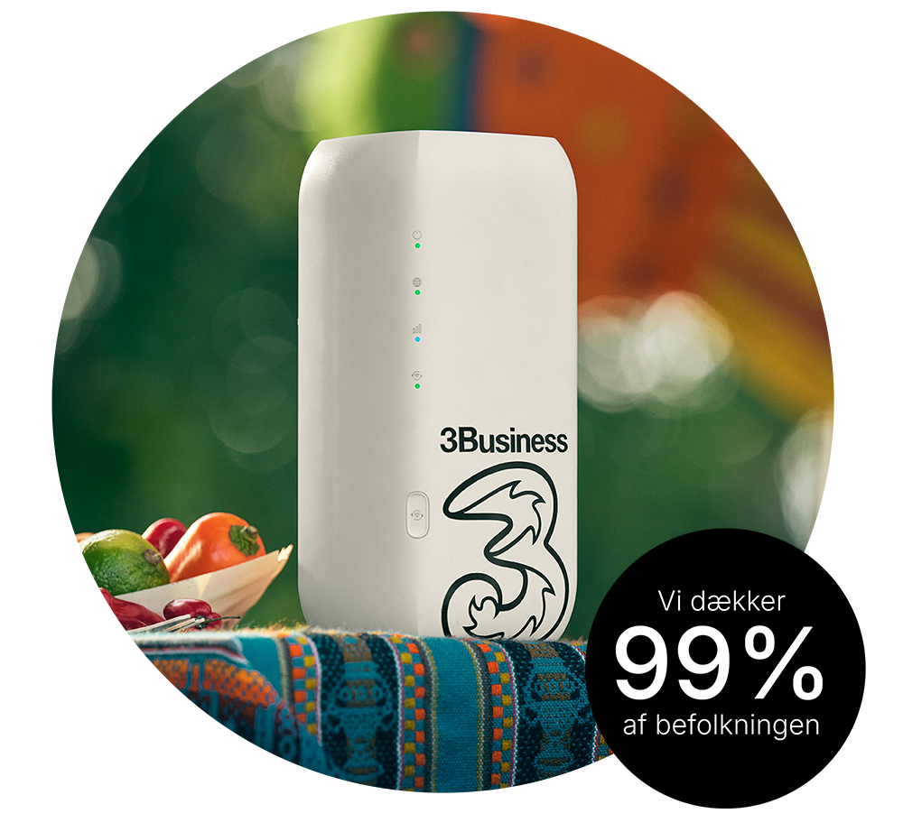 Router billede der er blevet zoomet ind på, billedet har en cirkel form, midten af billedet er 3 Routeren placeret med en sløret baggrund. Routeren er placeret udenfor på et stabilt overflade med et tæppe som underlag i 3's nuancer "blå, orange, guld og mørkeblå". Til venstre for routeren kan en skål skimmes hvor der ligger grønsager i.