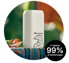 Router billede der er blevet zoomet ind på, billedet har en cirkel form, midten af billedet er 3 Routeren placeret med en sløret baggrund. Routeren er placeret udenfor på et stabilt overflade med et tæppe som underlag i 3's nuancer "blå, orange, guld og mørkeblå". Til venstre for routeren kan en skål skimmes hvor der ligger grønsager i.