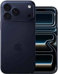 Mørkeblå iPhone med tre kameralinser på bagsiden, vist ved siden af en skærm med lysende kurver.