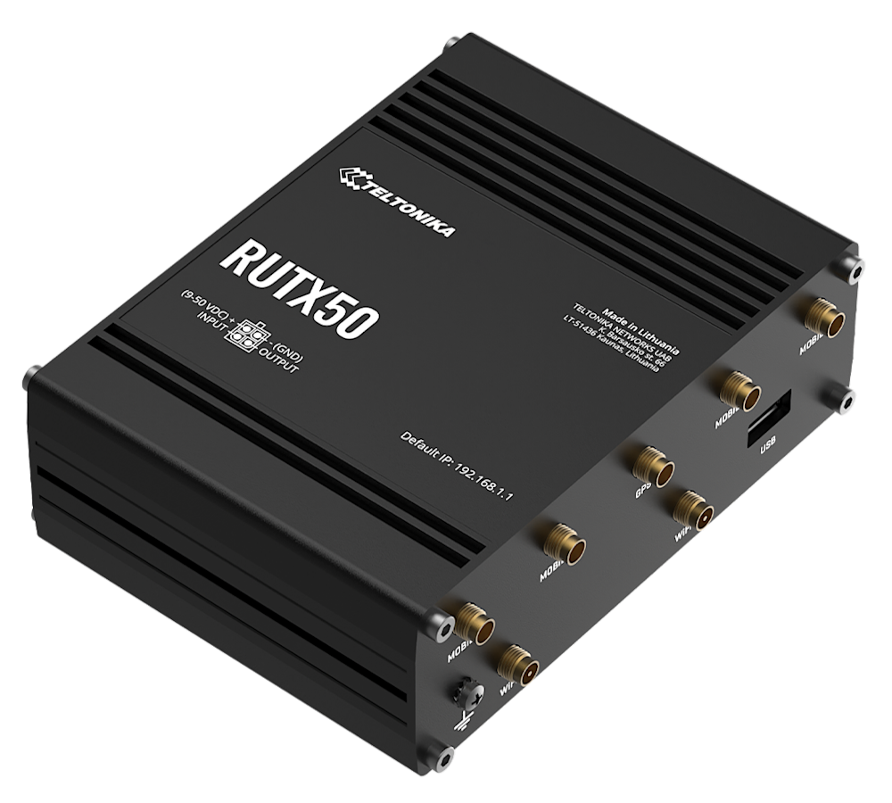 Sort Teltonika RUTX50 router med flere tilslutningsporte til mobil, GPS og WiFi på en kompakt aluminiumskasse.