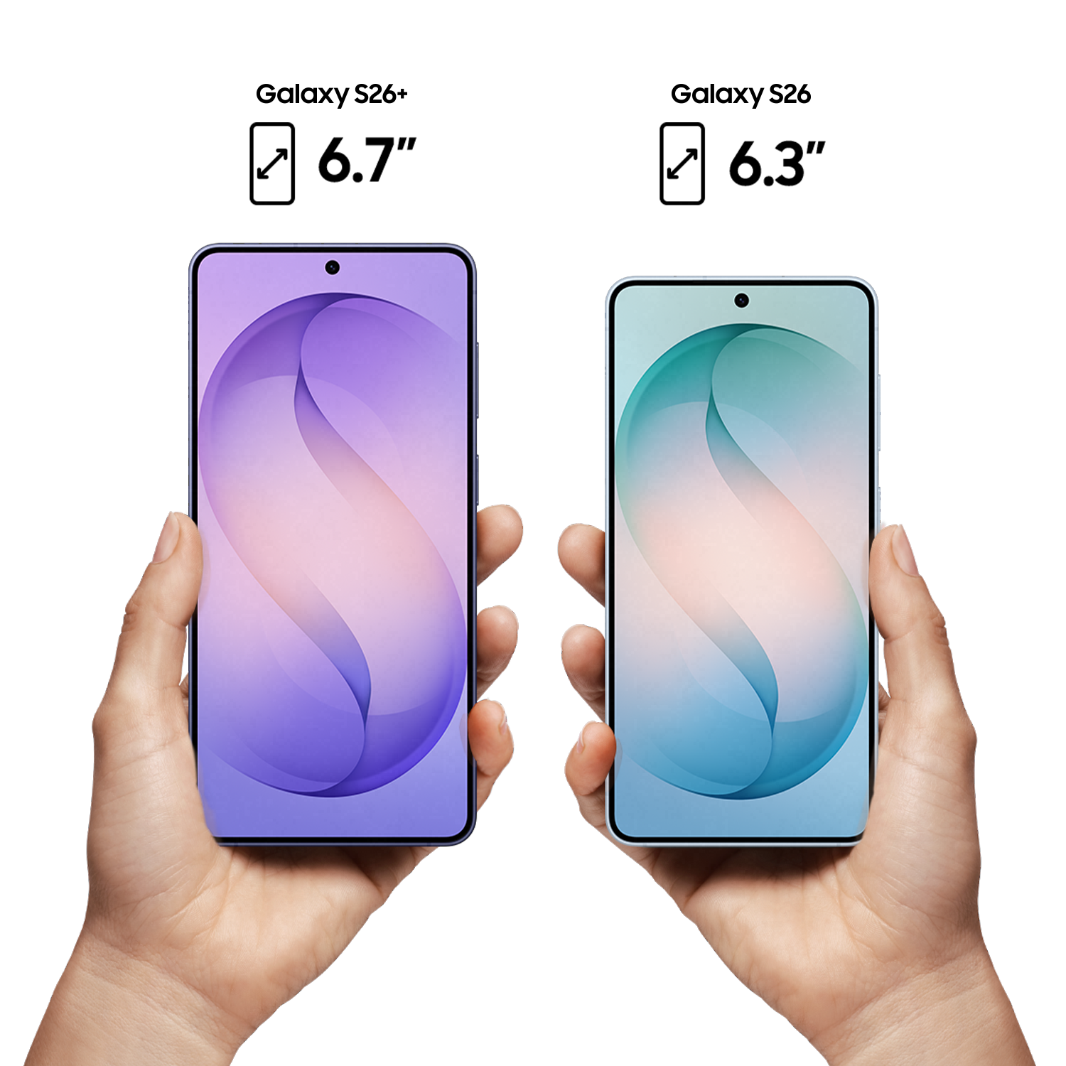 Sammenligning af Galaxy S26+ (6,7" lilla skærm) og Galaxy S26 (6,3" blå skærm) holdt i hænder side om side.