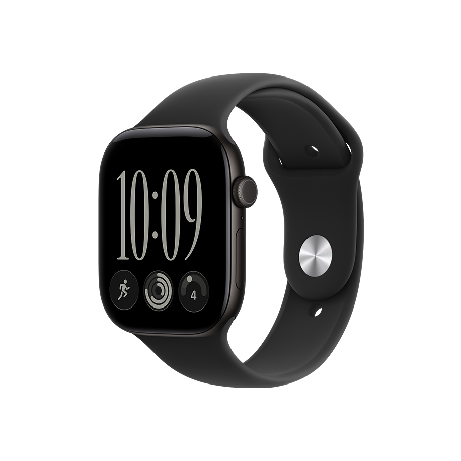 Sort Apple Watch med sort silikonearmbånd, der viser tiden 10:09 på en mørk skærm med aktivitetsikoer.