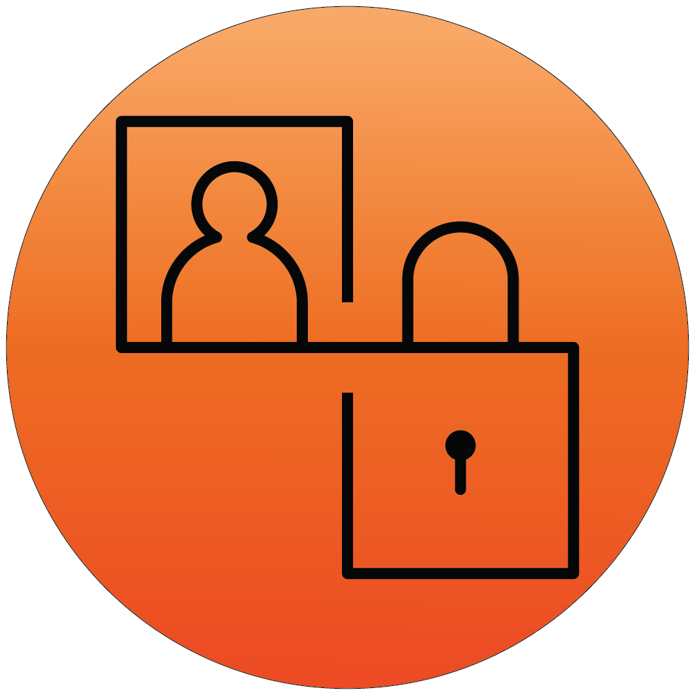 Stiliseret ikon af en person og en hængelås på orange baggrund, der symboliserer datasikkerhed eller privatliv.