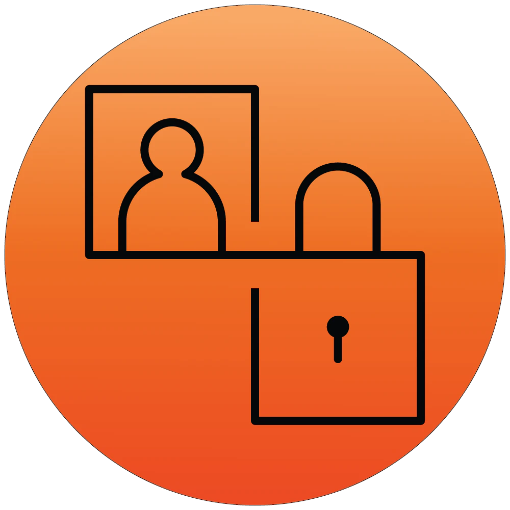 Stiliseret ikon af en person og en hængelås på orange baggrund, der symboliserer datasikkerhed eller privatliv.