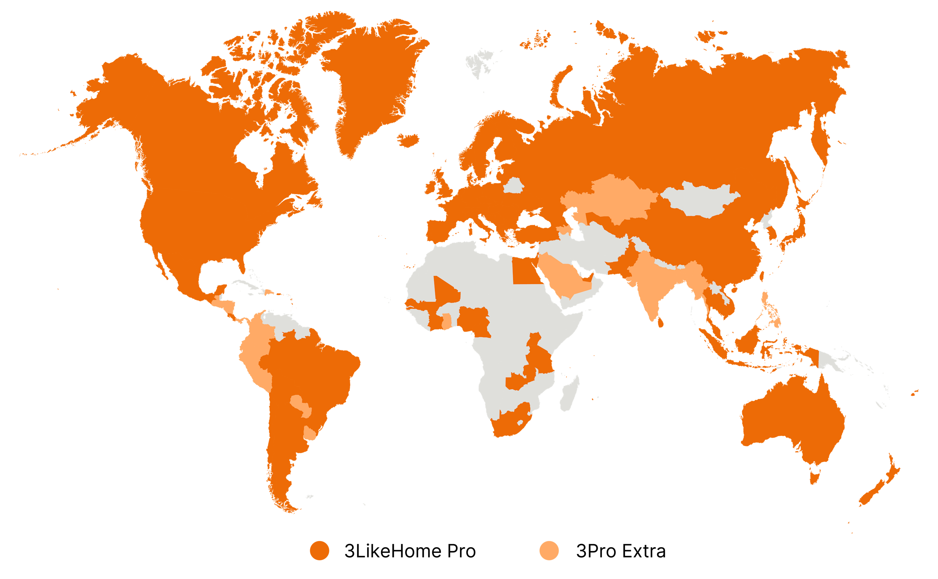 Verdenskort der viser global dækning af 3LikeHome Pro (orange) og 3Pro Extra (lysere orange) tjenester.