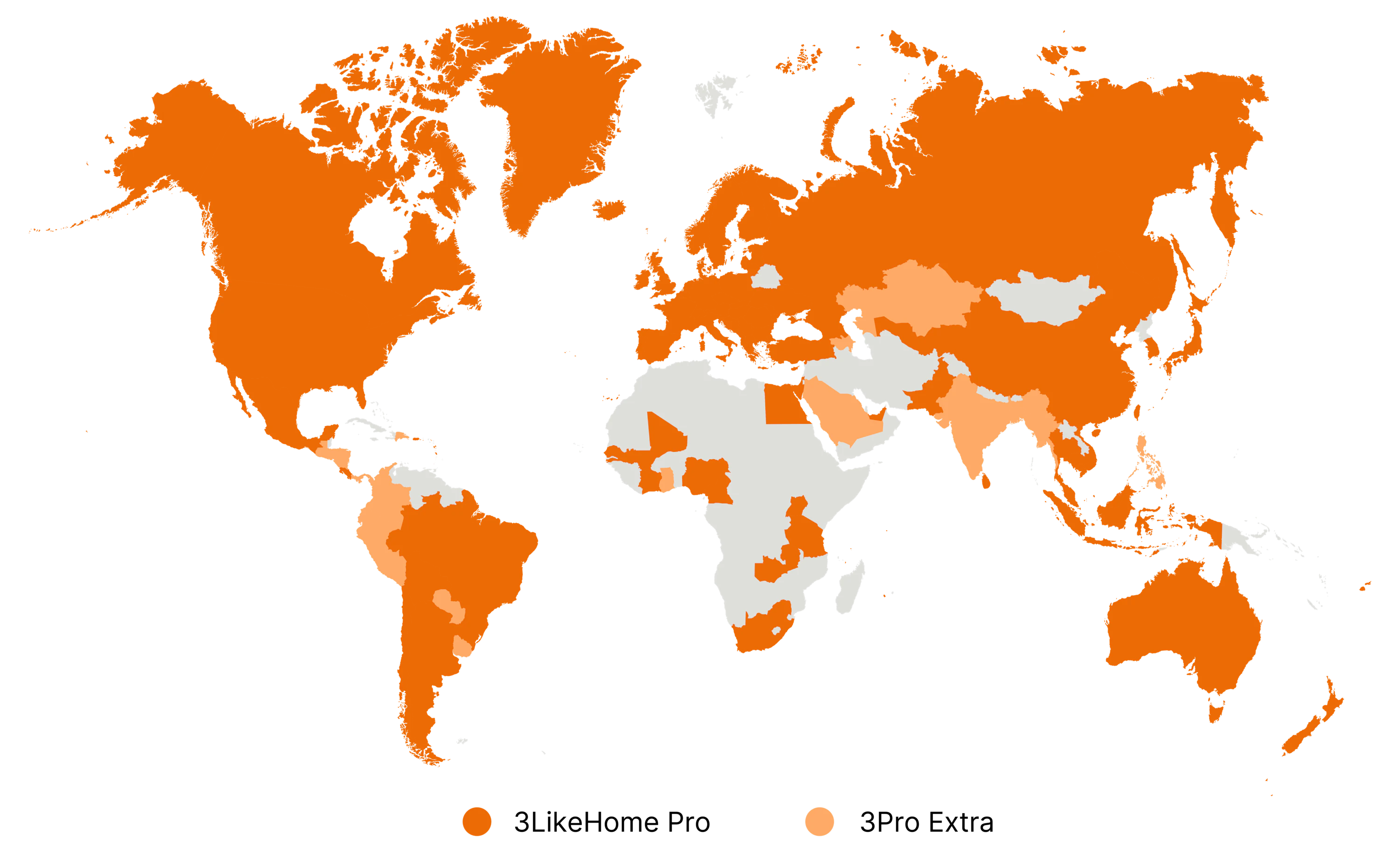 Verdenskort der viser global dækning af 3LikeHome Pro (orange) og 3Pro Extra (lysere orange) tjenester.