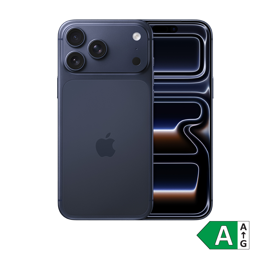 Mørkeblå iPhone 17 pro max med tre kameraer på bagsiden og Apple-logo. Energimærke A vises i hjørnet.