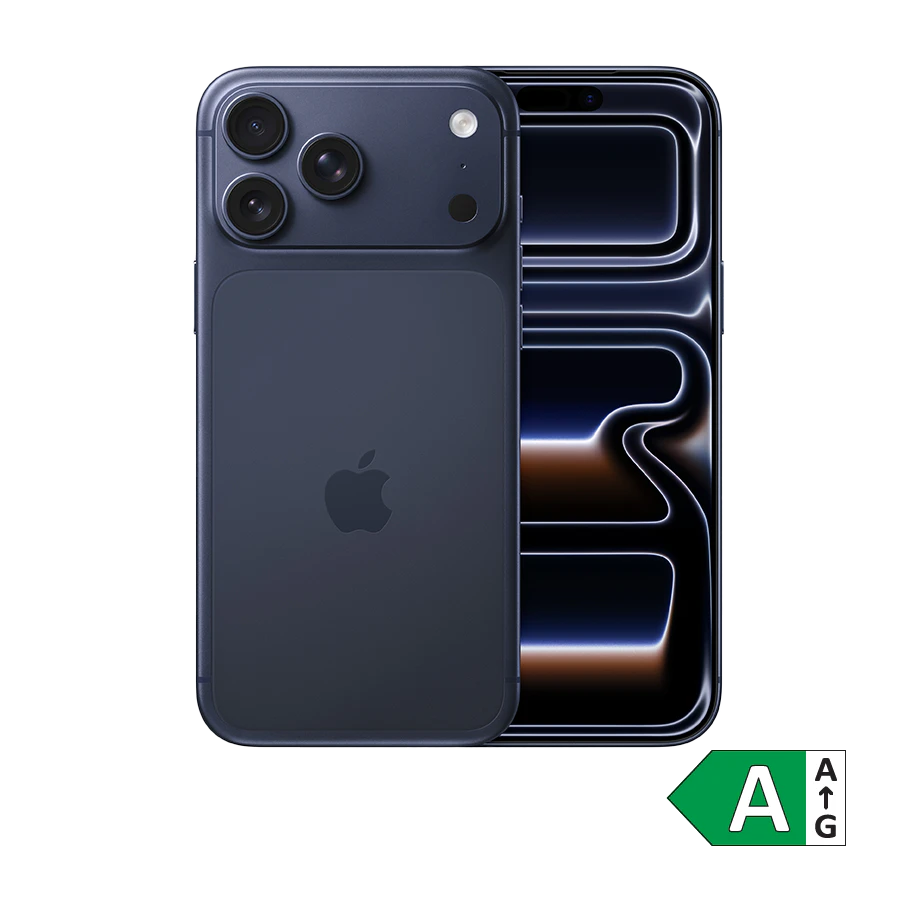 Mørkeblå iPhone 17 pro max med tre kameraer på bagsiden og Apple-logo. Energimærke A vises i hjørnet.