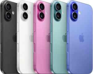 Iphone 16 i alle farver fem farver: Black, Blue, Teal, Pink og White.