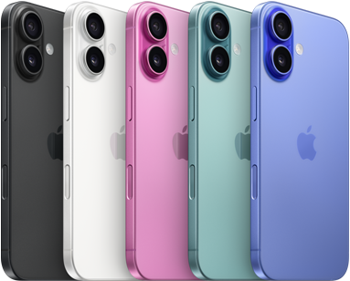 Iphone 16 i alle farver fem farver: Black, Blue, Teal, Pink og White.