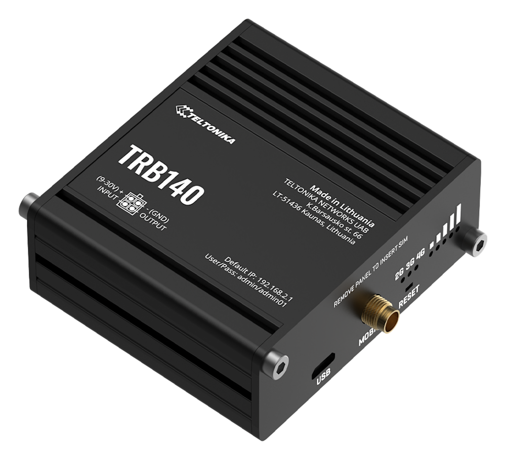 Sort Teltonika TRB140 router med USB-port, SIM-kortplads og netværksindikatorer.