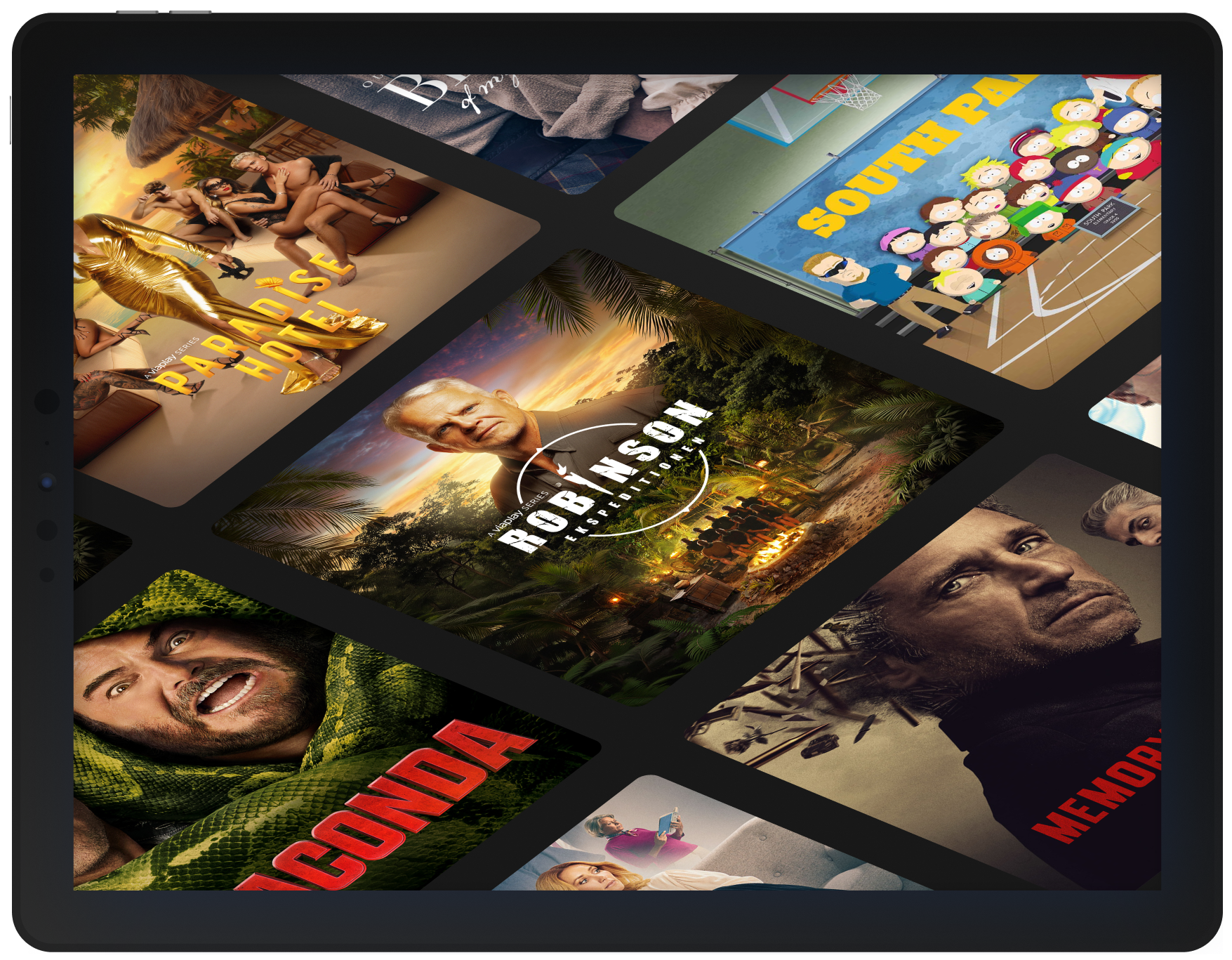En tablet viser flere streaming-thumbnails, herunder Paradise Hotel, Robinson Ekspeditionen, South Park og Anaconda.