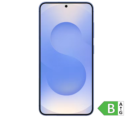 Smartphone med blå skærm der viser et S-formet mønster. Et grønt energimærke med bogstavet B er vist i hjørnet.