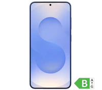 Smartphone med blå skærm der viser et S-formet mønster. Et grønt energimærke med bogstavet B er vist i hjørnet.