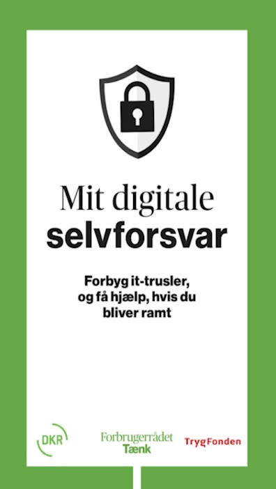 Billede af en sikkerhedslås, samt teksten "Mit digitale forsvfar", efterfulgt af "Forbyg it-trusler og få hjælp, hvis du bliver ramt". Følgende virksomheder er noterede i bunden: DKR, Forbrugerrådet Tænk og TrygFonden.
