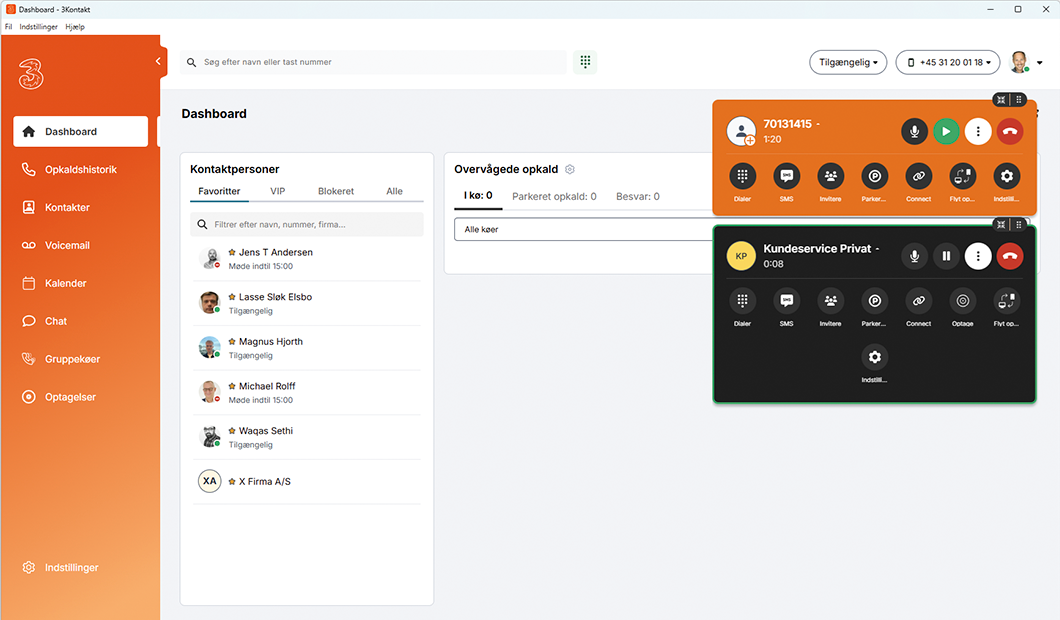 3Kontakt dashboard med kontaktpersonerliste og to aktive opkald vist i orange og grøn boks med opkaldsfunktioner.