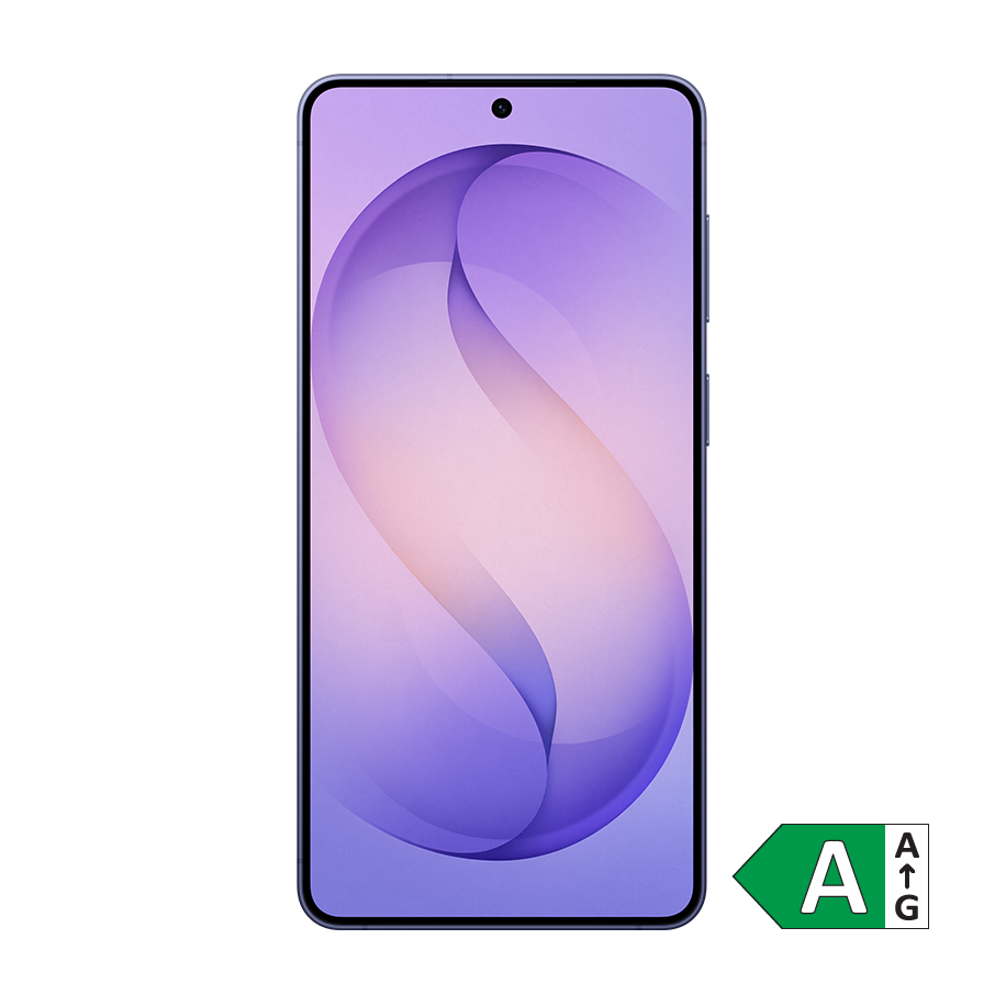Samsung S26 Plus Smartphone med lilla bølgeformet baggrund på skærmen og et grønt energimærke A i hjørnet.