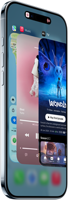 En smartphone der viser flere åbne apps, herunder en musikafspiller med blåt albumcover og kontrolknapper.