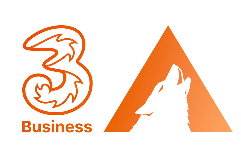 3 Business logo i orange med tallet 3 og teksten "Business" samt en Arctic Wolf logo