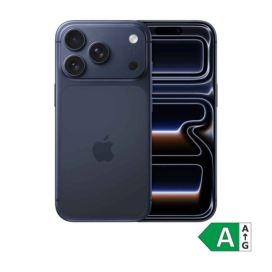 Mørkeblå iPhone 17 Pro med tre kameraer på bagsiden, vist ved siden af en skærm med bølgende lyseffekter og et energimærke A.