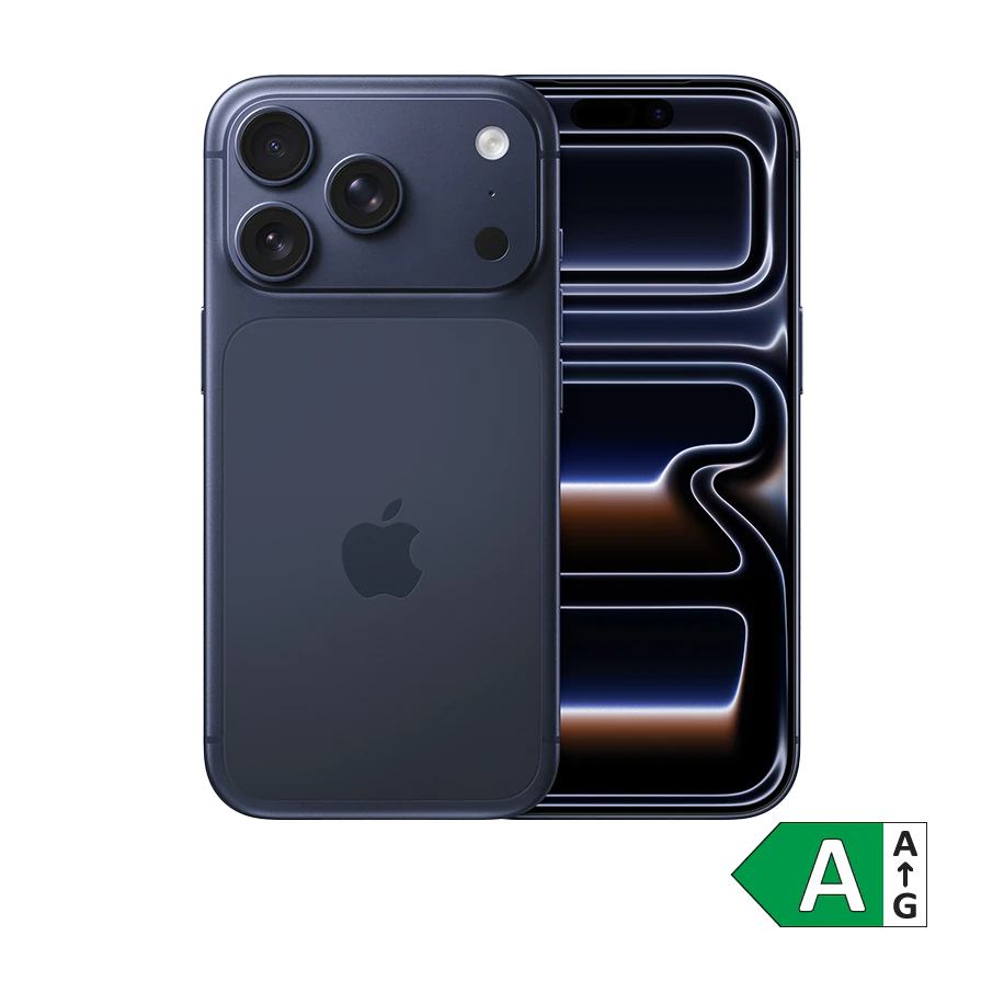 Mørkeblå iPhone 17 Pro med tre kameraer på bagsiden, vist ved siden af en skærm med bølgende lyseffekter og et energimærke A.