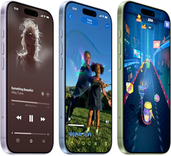 Tre iPhone 17 der viser forskellige apps: musikafspiller med Miley Cyrus sang, et familiefoto udendørs og et farverigt mobilspil.