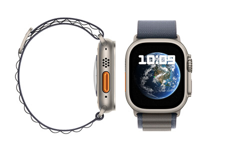 2 Apple Ultra set "Fra siden med skærmen mod højre" og "fra fronten"