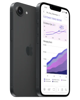 Sort iPhone 17e der viser kunderapport med lilla og blå grafer over forbrugertrends.