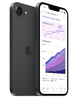 Sort iPhone 17e der viser kunderapport med lilla og blå grafer over forbrugertrends.