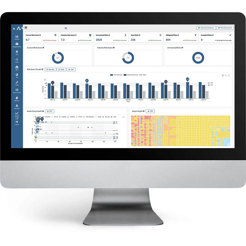 Dashboard af Arctic Wolfs Managed Risk, som samler alt, hvad I har brug for at vide om jeres digitale risici i én brugervenlig, cloudbaseret brugerflade