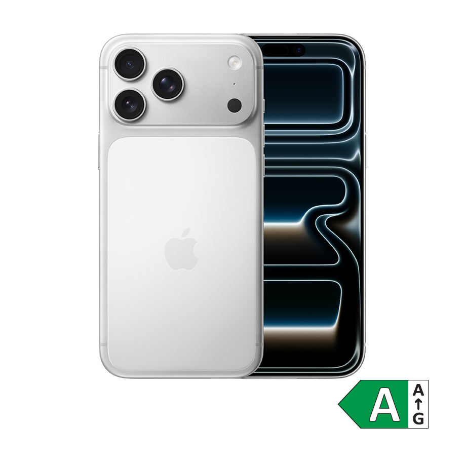 Hvid iPhone 17 pro max med tre kameraer på bagsiden, vist med en abstrakt sort baggrund og et grønt energimærke A.