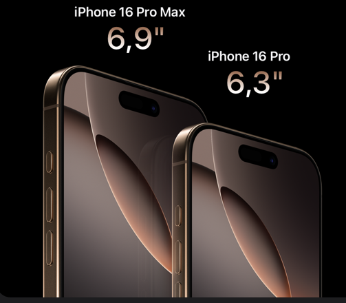 Billedet viser desert titanium iPhone 16 Pro Max | Pro halveret fra midten og op med en  sort baggrund. Mobilerne er placeret ligeledes, Pro Max står bagerst, hvor Pro versionen er placeret foran, mobilerne er placeret skævt til højre. Ovenover mobilerne er deres skærmstørrelser placeret "iPhone 16 Pro Max - 6,9" og "iPhone 16 Pro - 6,3"